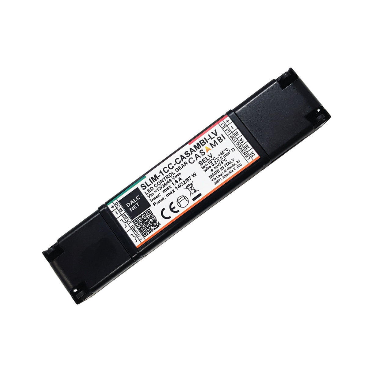 A rectangular black Slimline 1-Channel Constant Current LED Dimmer with LensVector, model SLIM-1CC-CASAMBI-LV, featuring a white label with specs and barcode, used for Casambi lighting assemblies.