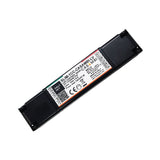 A rectangular black Slimline 1-Channel Constant Current LED Dimmer with LensVector, model SLIM-1CC-CASAMBI-LV, featuring a white label with specs and barcode, used for Casambi lighting assemblies.