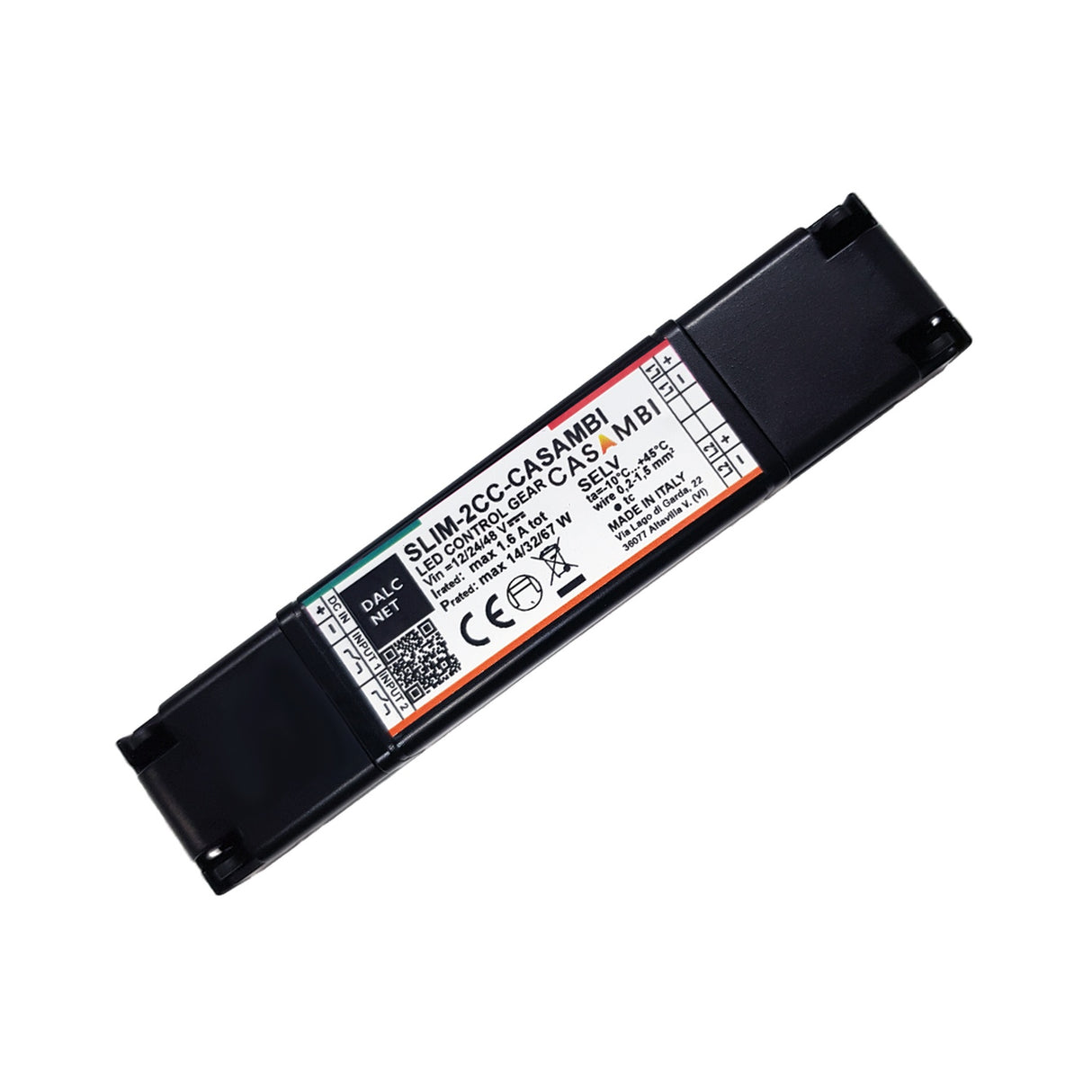 A rectangular black Slimline 2-Channel Constant Current LED Dimmer with Casambi features a white label showing model SLIM-2CC-CASAMBI, specs, certification logos, and highlights its Casambi compatibility.