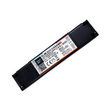 A rectangular black Slimline 2-Channel Constant Current LED Dimmer with Casambi features a white label showing model SLIM-2CC-CASAMBI, specs, certification logos, and highlights its Casambi compatibility.