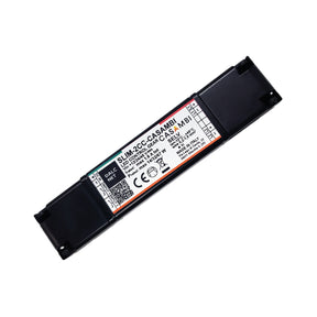 A rectangular black Slimline 2-Channel Constant Current LED Dimmer with Casambi features a white label showing model SLIM-2CC-CASAMBI, specs, certification logos, and highlights its Casambi compatibility.