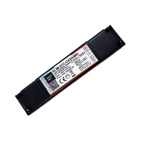 A rectangular black Slimline 2-Channel Constant Current LED Dimmer with Casambi features a white label showing model SLIM-2CC-CASAMBI, specs, certification logos, and highlights its Casambi compatibility.