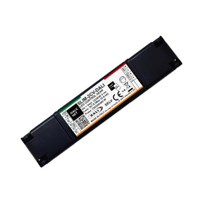 A black rectangular Slimline 2-Channel Tunable-White LED Dimmer with DALI (Model SLIM-2CV-DALI) serves as a DALI LED dimmer, featuring technical details, certification marks, and input/output terminals on its white center label.