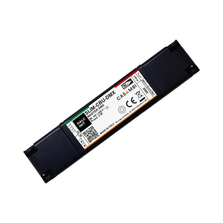 The Slimline Casambi to DMX Signal Converter (Model SLIM-CBU-DMX) is a rectangular black electronic device with technical details, QR code, and certification symbols on a central white sticker, enabling seamless Casambi wireless lighting control.