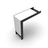 A modern connector for the SLW10 profile, designed with sleek right angles to fit 90-degree corners, is shown in black with a white tabletop and side panel, echoing the contemporary lines of an L-shaped desk against a white background.