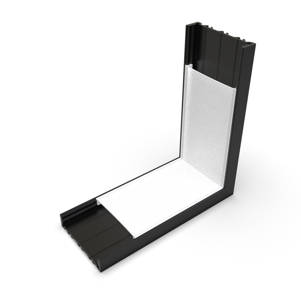 A black, L-shaped Connector for SLW10 Profile featuring a white, textured panel on the inner surfaces—designed to resemble a segment of wall or flooring material and ideal as a 90-degree corner LED channel connector compatible with the SLW10 profile.