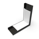 A black, L-shaped Connector for SLW10 Profile featuring a white, textured panel on the inner surfaces—designed to resemble a segment of wall or flooring material and ideal as a 90-degree corner LED channel connector compatible with the SLW10 profile.