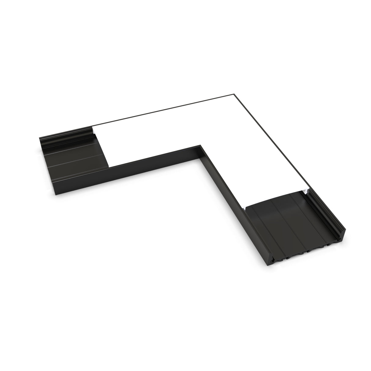 A black and white L-shaped connector for the SLW10 Profile with grooved surfaces, resembling a 90-degree corner section, displayed on a white background.
