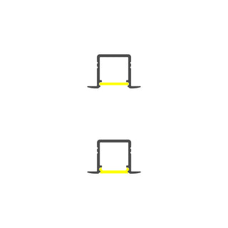 Two minimalist black outlines of open laptops, stacked vertically, are drawn in a continuous line style with yellow lines highlighting the touchpad area. The background is plain white. Product shown: 0.39 Recessed LED Channel ~ Model Smart-In10.