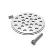 An Aluminum End Cap for Smokies70 Profile for Hexagon Heatsink, along with a small metal spring and a single screw, are arranged on a white surface.
