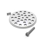 An Aluminum End Cap for Smokies70 Profile for Hexagon Heatsink, along with a small metal spring and a single screw, are arranged on a white surface.