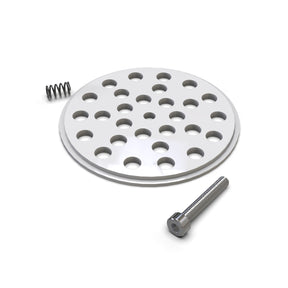 An Aluminum End Cap for Smokies70 Profile for Hexagon Heatsink, along with a small metal spring and a single screw, are arranged on a white surface.