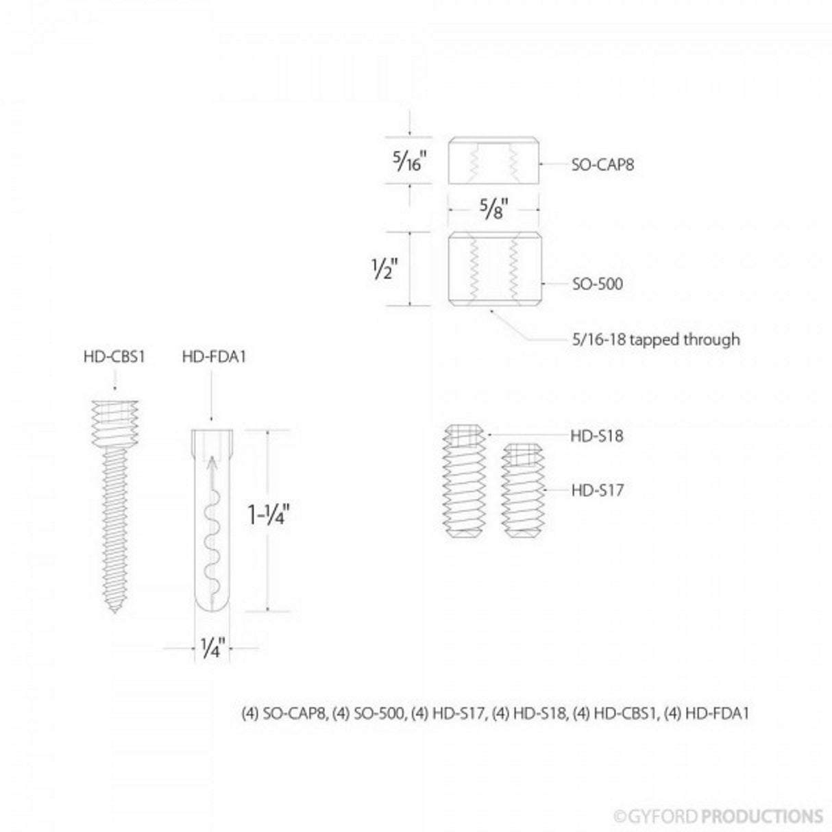 Gyford 5/8"D x 1/2"L Through-hole Standoff Kit ~ Gyford Standoffs