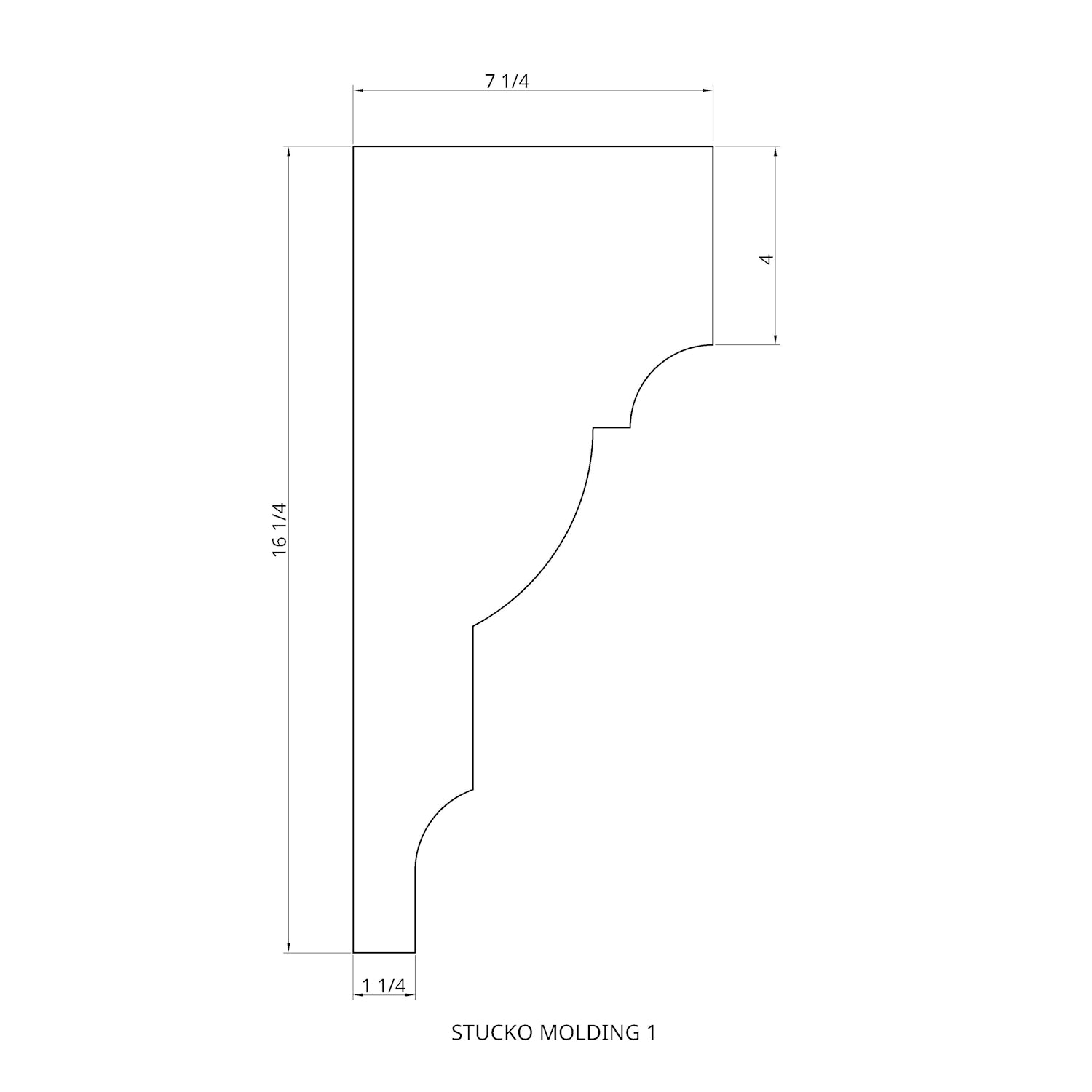 Technical profile drawing for Stucco Molding showing approximately 16.25 inch height and 7.25 inch projection