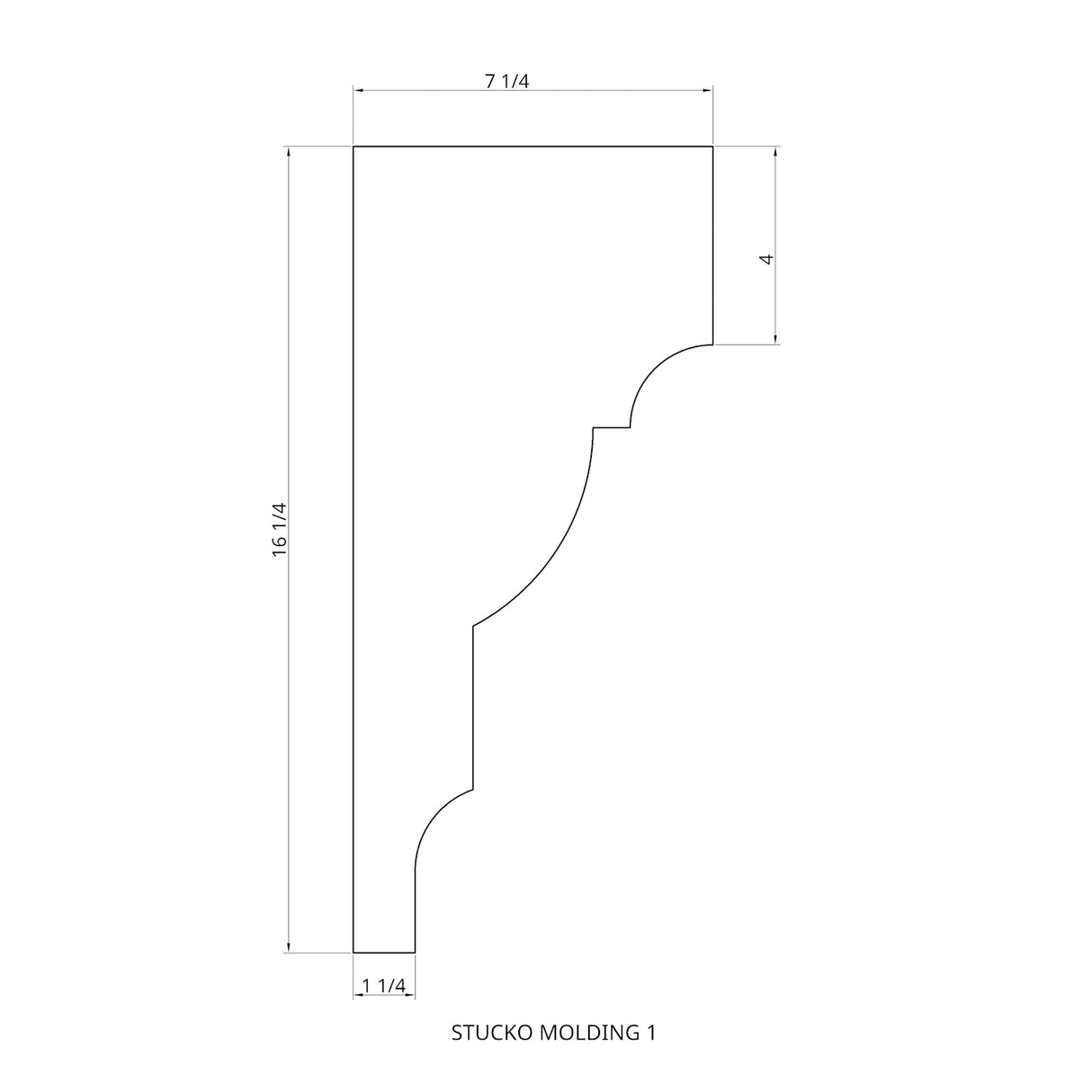 Technical drawing of the Plaster Cornice Wall Edge Foam Molding ~ Model Stucko Molding, ideal for interiors, displays side view with dimensions: 16¼ tall, 7¼ wide, 4 deep at top, and 1¼ deep at base.