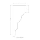 Technical drawing of the Plaster Cornice Wall Edge Foam Molding ~ Model Stucko Molding, ideal for interiors, displays side view with dimensions: 16¼ tall, 7¼ wide, 4 deep at top, and 1¼ deep at base.