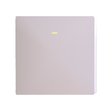 The Casambi Wireless Battery-Operated Single-Button Wall Switch (Eulum SWC-CSB-1R-W) is a modern white square switch with a small yellow indicator at the top center, designed for wireless lighting control, shown on a plain white background.