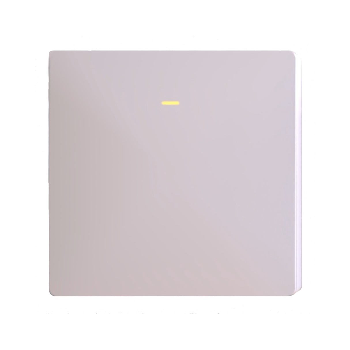 The Casambi Wireless Battery-Operated Single-Button Wall Switch (Eulum SWC-CSB-1R-W) is a modern white square switch with a small yellow indicator at the top center, designed for wireless lighting control, shown on a plain white background.