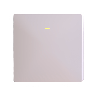 The Casambi Wireless Battery-Operated Single-Button Wall Switch (Eulum SWC-CSB-1R-W) is a modern white square switch with a small yellow indicator at the top center, designed for wireless lighting control, shown on a plain white background.