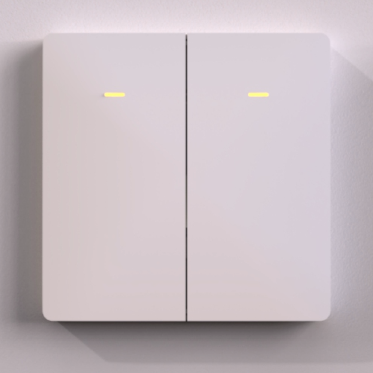 A close-up of the Casambi Wireless Battery-Operated 2-Button Wall Switch (Eulum SWC-CSB-2R-W), a modern white smart switch with yellow indicator lights on each button, mounted on a plain light-colored wall.