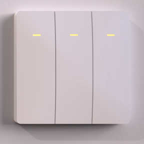 A close-up of the Casambi Wireless Battery-Operated 3-Button Wall Switch (Eulum SWC-CSB-3R-W) on a wall, featuring programmable white buttons each with a slim horizontal yellow indicator light.