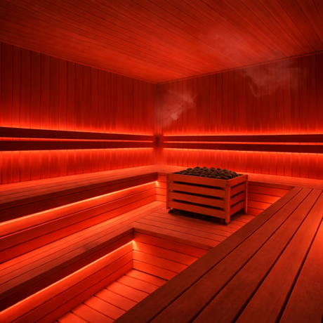 A modern wooden sauna features tiered seating, a central heater with hot stones emitting steam, and is illuminated by the Sauna Pro RGB Series: RGB IP68 Waterproof LED Strip (24V), providing red ambient lighting in a clean, inviting space.