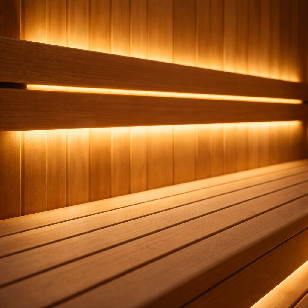 A close-up of a wooden sauna interior with smooth benches illuminated by the White High CRI IP68 LED Strip (24V) ~ Sauna Pro White Series, casting warm, soft light along the walls for a relaxing and inviting atmosphere.