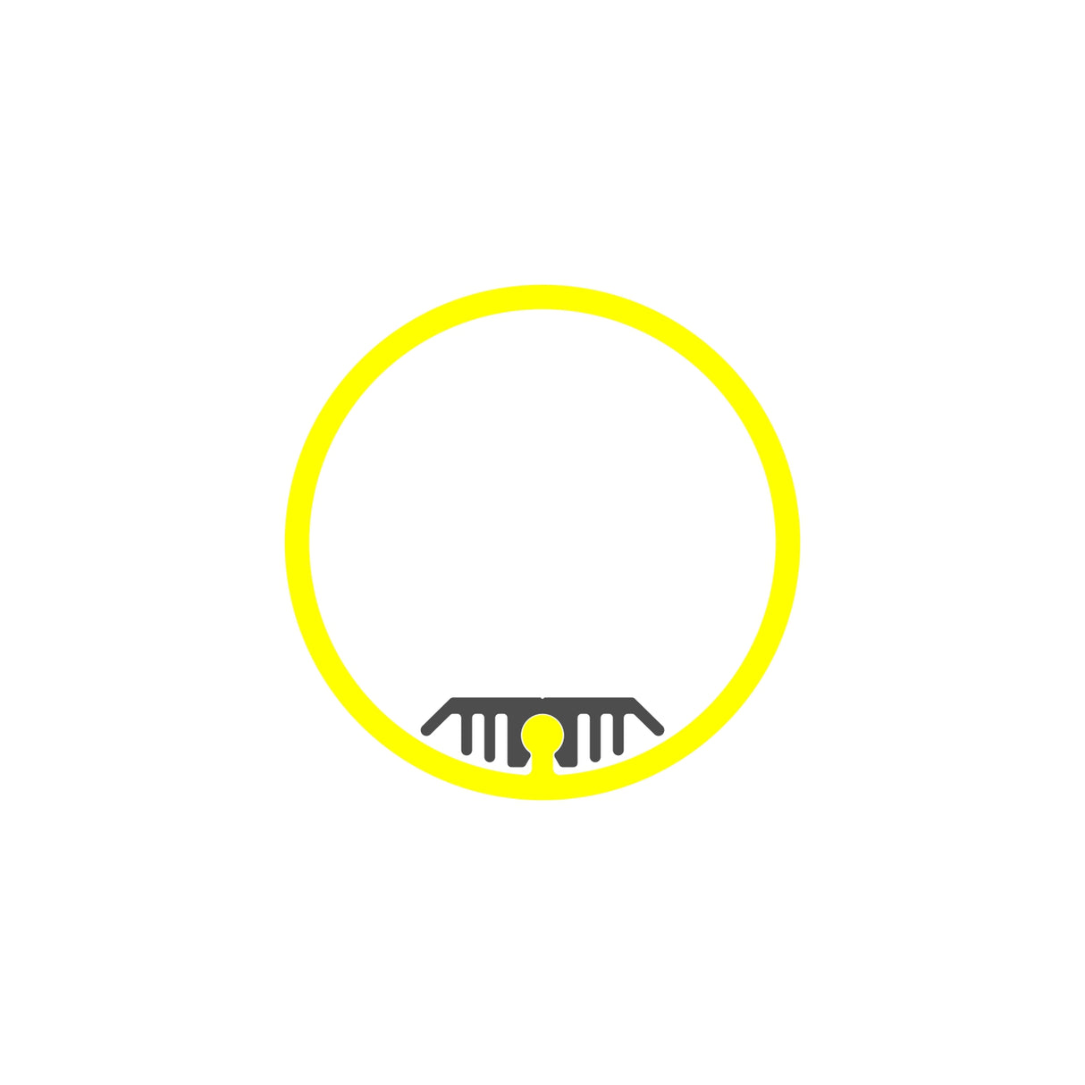 A thin yellow circle with a black, comb-like shape attached to the bottom inner edge, set against a white background, resembles the profile of the 1.50 Round Acrylic LED Tube ~ Model Sierra38.