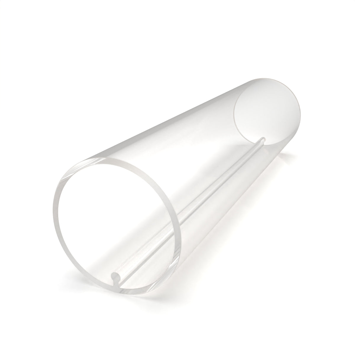 A 1.50″ Clear Round Acrylic LED Tube ~ Model Sierra38 Clear, featuring a clear, round acrylic diffuser tube with an internal channel running along the bottom.