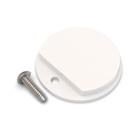 The Plastic End Cap for Sierra38 Profile is a flat, round white cap with a small cut-out and hole, shown beside a metallic screw—perfect for sealing the end of your diffuser tube or Sierra38 Profile installation.