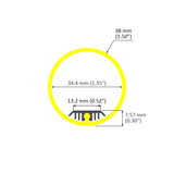 The 1.50" Round Acrylic LED Tube (Model Sierra38) features a yellow-outlined circle: 38 mm (1.50") diameter, 34.4 mm (1.35") inner width, 13.2 mm (0.52") inner height, and a base thickness of 7.57 mm (0.30").