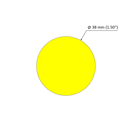 A bright yellow 38 mm (1.50") circle, centered on white with a labeled arrow, ideal for illustrating the 1.5" White Surface-mount LED Tube Lighting Fixture (24V) ~ Sierra38 Series and its plug-and-play details.