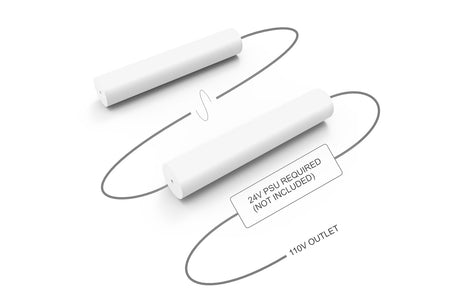 Diagram showing two 1.5" White Surface-mount LED Tube Lighting Fixtures (24V, Sierra38 Series) connected by a wire. Labels indicate a required 24V PSU (not included) and connection to a 110V outlet.