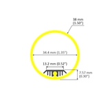 Technical drawing of a 1.50″ Clear Round Acrylic LED Tube ~ Model Sierra38 Clear, featuring a circular profile with a black ribbed insert and external and internal dimensions in millimeters and inches.