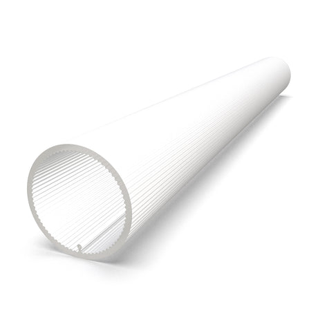 The 2.56" Round Silicone Rubber LED Lighting Tube ~ Model Sierra65 Flex is a white, semi-transparent tube with thin, evenly spaced vertical ridges, shown angled to display both its open end and body.
