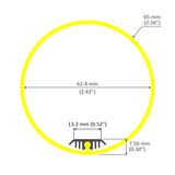 The 2.56" Round Acrylic LED Lighting Tube (Model Sierra65) features a yellow circle with a gray base; the outer diameter is 65 mm, inner diameter is 61.4 mm, and the gray base measures 13.2 mm wide by 7.56 mm tall.