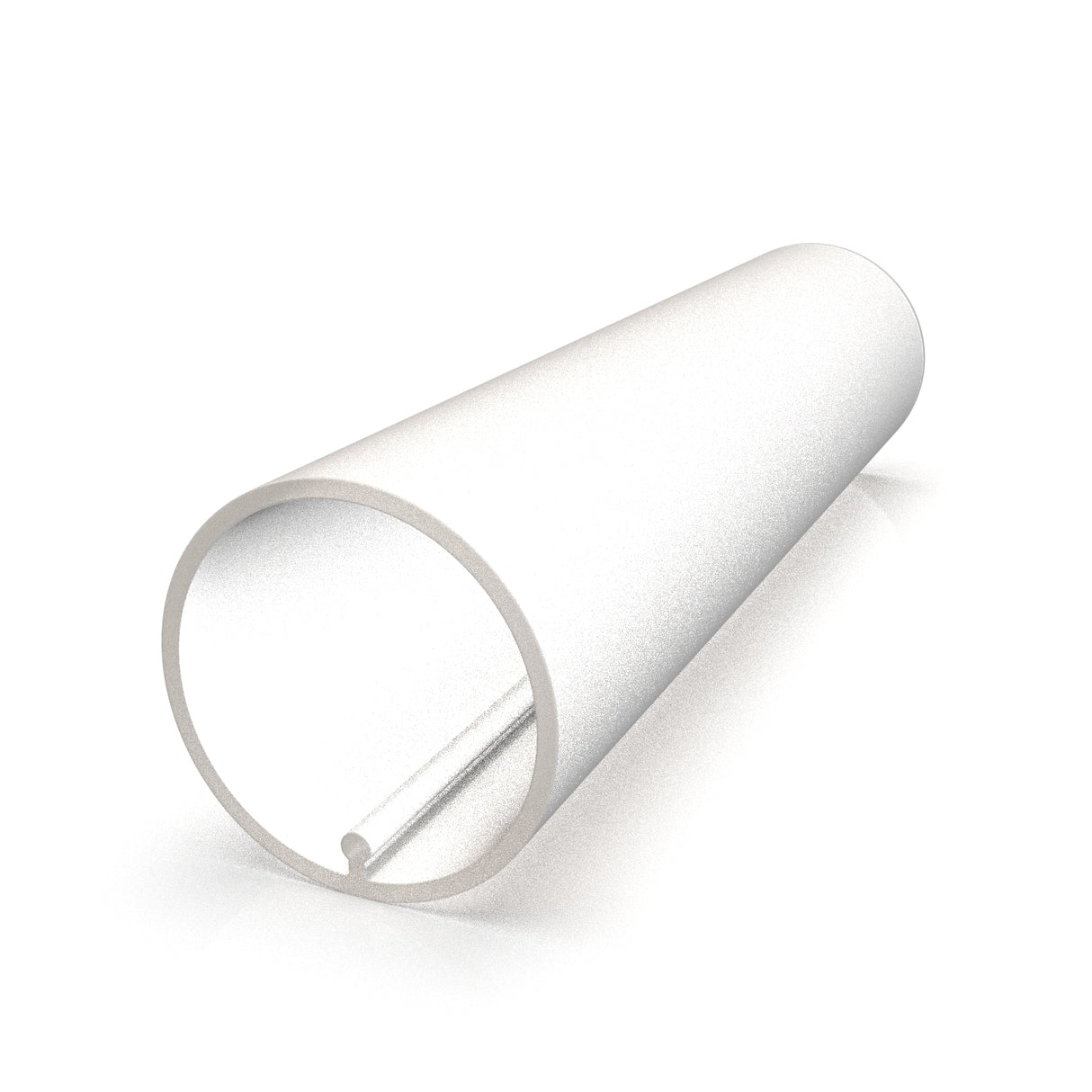 The 1.50 Polycarbonate LED Tube (Model Sierra38) is displayed at an angle, revealing its transparent, hollow design with a thin solid rod inside touching the inner wall. The background is white and minimalistic.