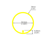 The 1.50 Polycarbonate LED Tube (Model Sierra38) is a yellow ring with an outer diameter of 38mm, inner diameter of 34.4mm, and thickness of 6.29mm; black arrows and labels show each dimension.