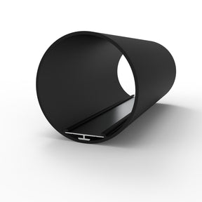 A 2.56 round Smokies65 black acrylic LED lighting tube lies horizontally with a small steel I-beam inside it at the bottom, all set against a plain white background.