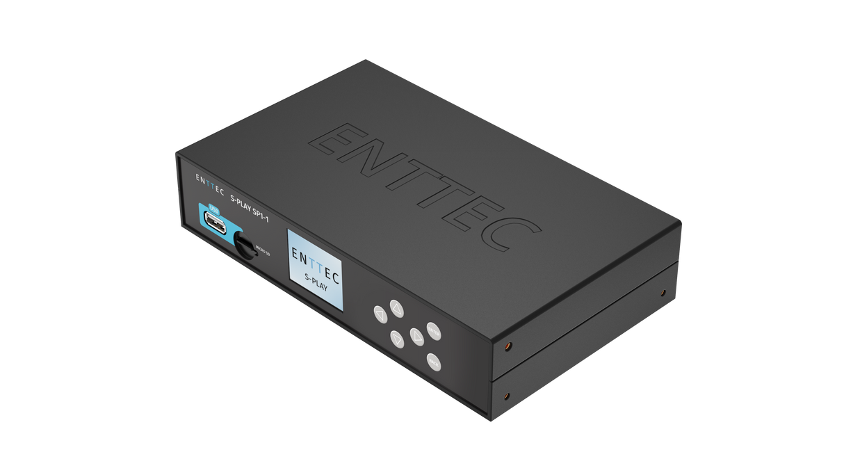 The Professional 32-Universe DMX Show Controller ~ Enttec S-Play SP1-1, a black rectangular device with side buttons, display screen, ports, and indicator lights, offers advanced DMX recording as a smart show recorder and precise light show controller.