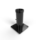 The Steel Vertical Floor Stand for 1.50" Round Profiles is a black metal bracket with a steel base, four corner holes, and a side bolt for securing round diffuser tubes, shown here on a white background.
