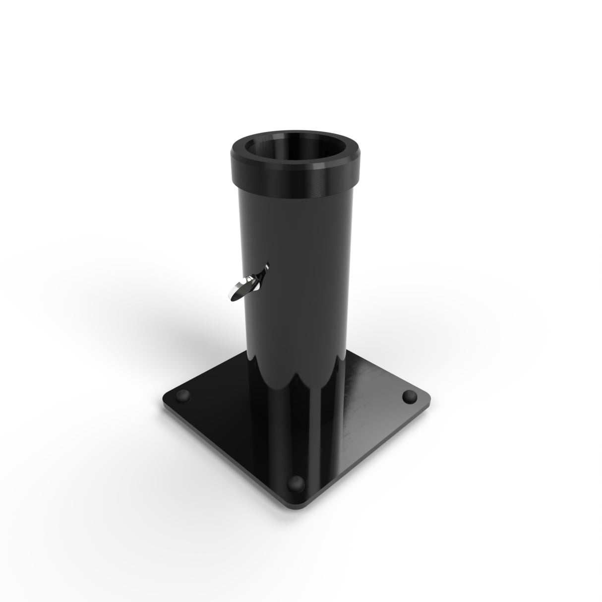 The Steel Vertical Floor Stand for 1.50" Round Profiles is a black metal cylinder with a side bolt, mounted on a sturdy steel square base with rounded corners and four screw holes, shown against a white background.