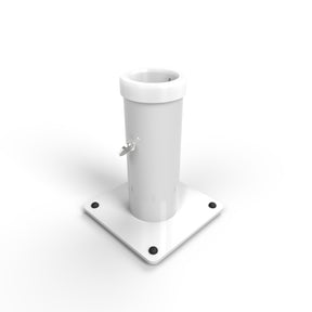 The Steel Vertical Floor Stand for 1.50" Round Profiles features a round diffuser tube with a side screw, mounted vertically on a steel base plate with four black rubber feet at each corner, displayed on a plain white background.