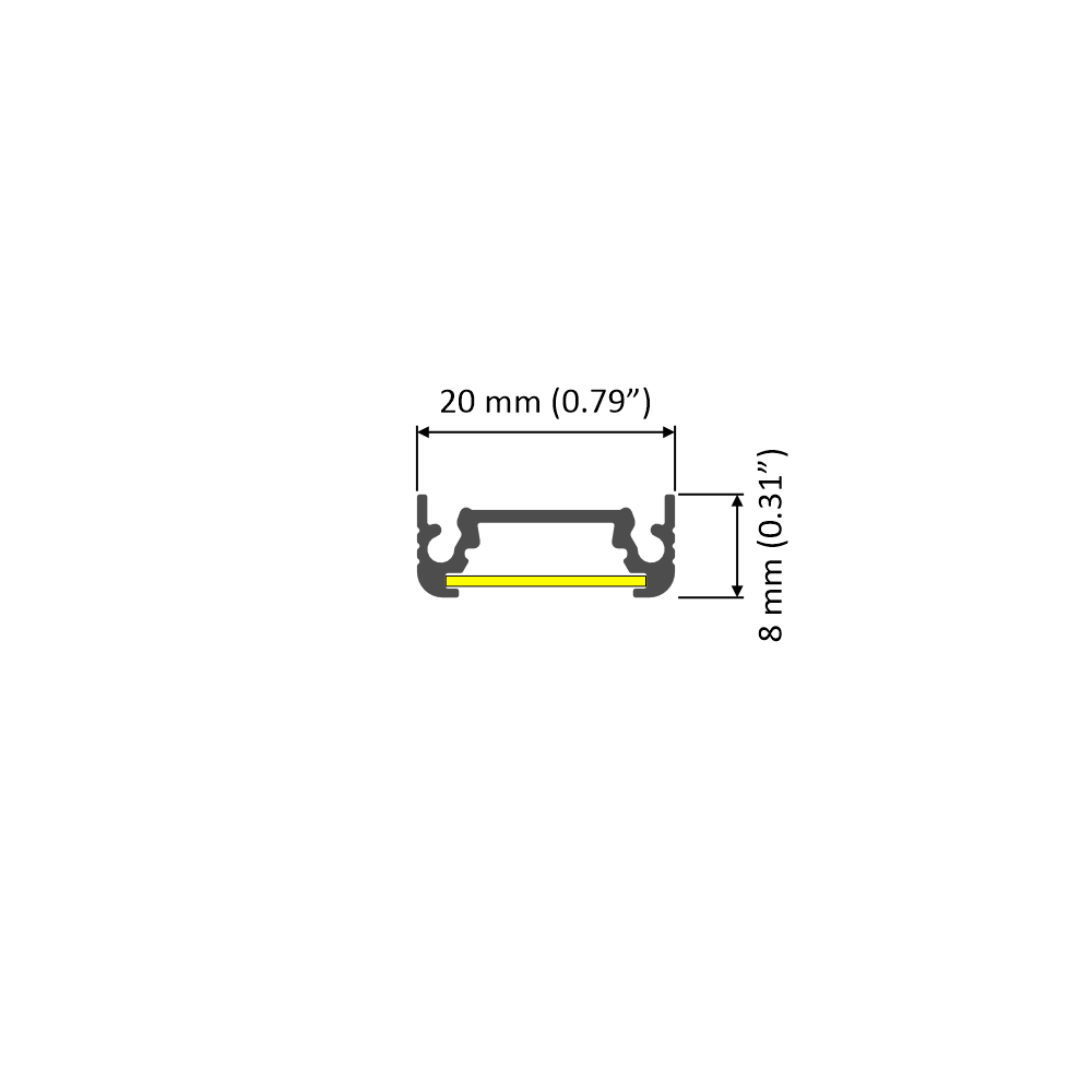 Cross-section diagram of the Surface Mount LED Strip Channel (Model Surface10), a rectangular aluminum extrusion measuring 20 mm (0.79″) wide and 8 mm (0.31″) tall, featuring interior groove details ideal for housing LED strip lights and a highlighted yellow base.