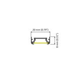 Cross-section diagram of the Surface Mount LED Strip Channel (Model Surface10), a rectangular aluminum extrusion measuring 20 mm (0.79″) wide and 8 mm (0.31″) tall, featuring interior groove details ideal for housing LED strip lights and a highlighted yellow base.