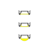 Three gray horizontal Surface Mount LED Strip Channels (Model Surface10) are shown, each containing a different yellow diffuser shape: flat on top, slightly angled, and semicircular. All Surface10 channels are centered vertically on a plain white background.