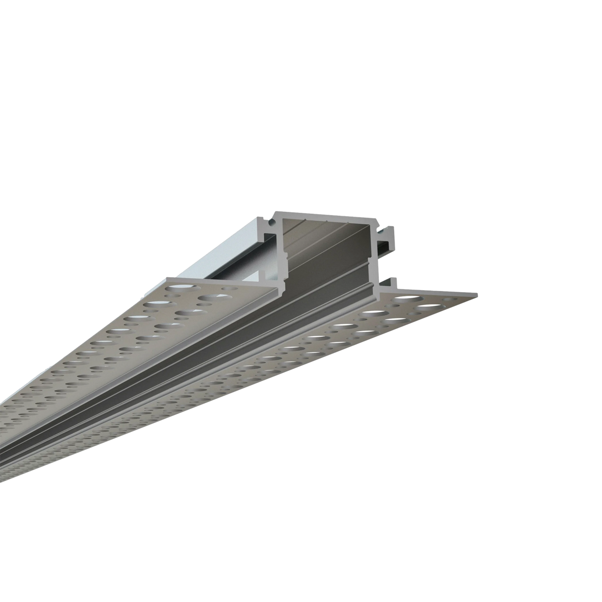 A close-up of the 0.93" Trimless Mud-In LED Drywall Channel (Model TL-041) with perforated flanges for construction or architectural use, shown against a plain white background.