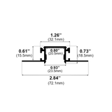 Black cross-section diagram of the 0.93" Trimless Mud-In LED Drywall Channel (Model TL-041), extruded metal profile, labeled dimensions: 2.84" (72.1mm) wide, 1.26" (32.1mm) tall, with internal widths from 0.61" to 0.93".