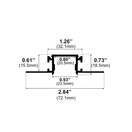 Black cross-section diagram of the 0.93" Trimless Mud-In LED Drywall Channel (Model TL-041), extruded metal profile, labeled dimensions: 2.84" (72.1mm) wide, 1.26" (32.1mm) tall, with internal widths from 0.61" to 0.93".
