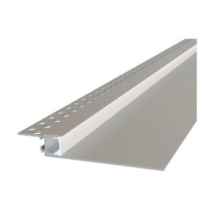 The Mud-in Drywall Baseboard LED Channel (Model TL-301) features a metal corner profile with a perforated flange and a smooth flat extension, perfect for construction or as a trimless baseboard LED channel for sleek modern lighting designs.